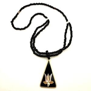 Vtg Alpaca Mexico Mother of Pearl Inlay Black Triangle Pendant Necklace Bead 24"